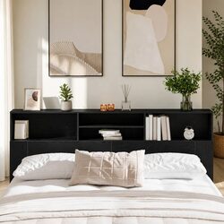 Black Oak Wall-Mounted Headboard Cabinet for Storage