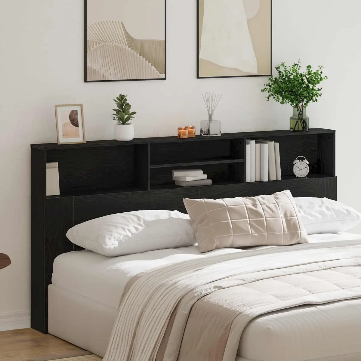 Black Oak Wall-Mounted Headboard Cabinet for Storage