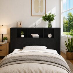 Modern Black Oak Headboard Cabinet with Storage