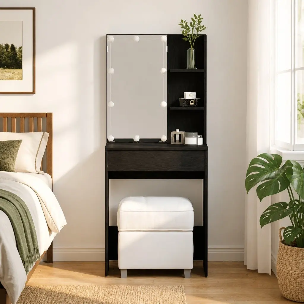 Black Bedroom Dressing Table with Mirror and LED Lights