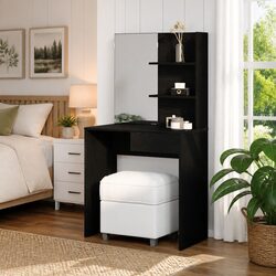 Modern Black Oak Dressing Table with Mirror and Storage