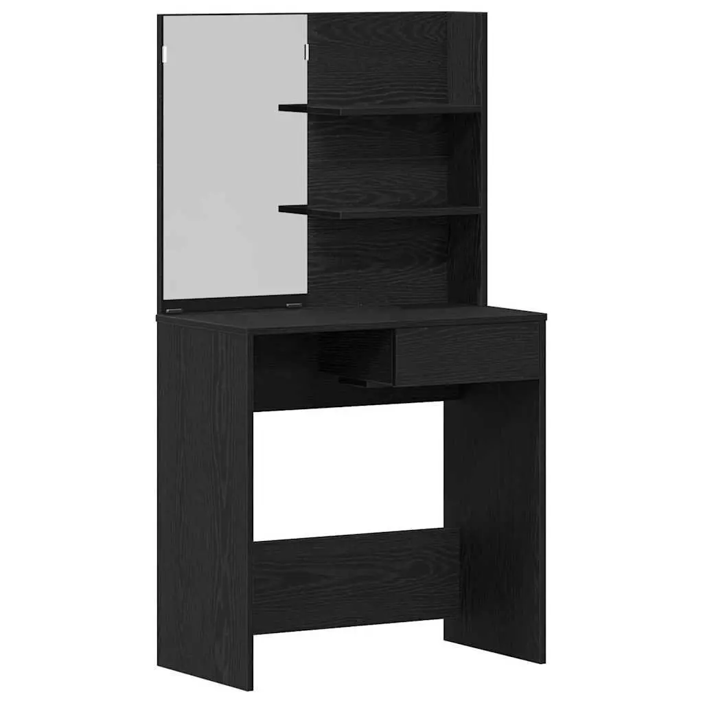 Black Oak Dressing Table with Mirror and Storage