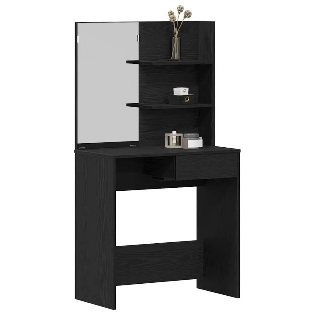 Black Oak Dressing Table with Mirror and Storage