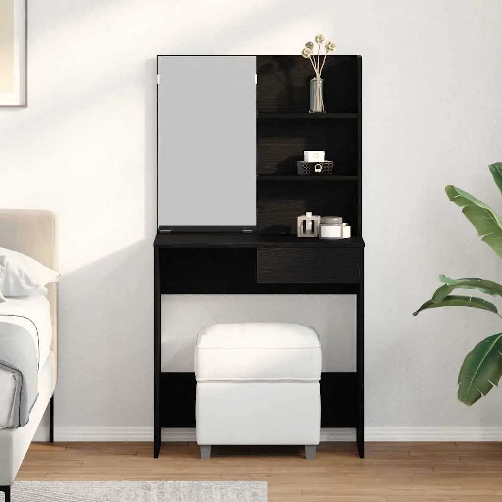 Black Oak Dressing Table with Mirror and Storage