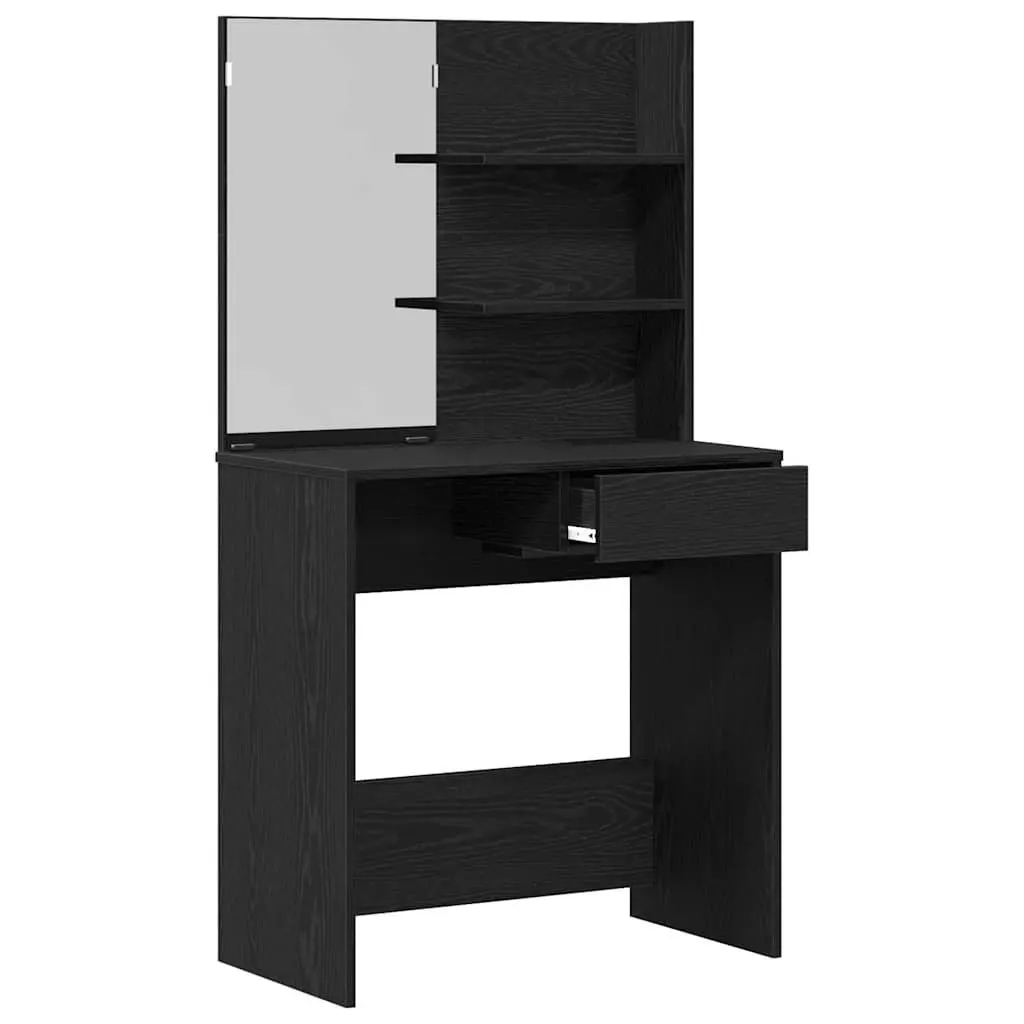 Black Oak Dressing Table with Mirror and Storage