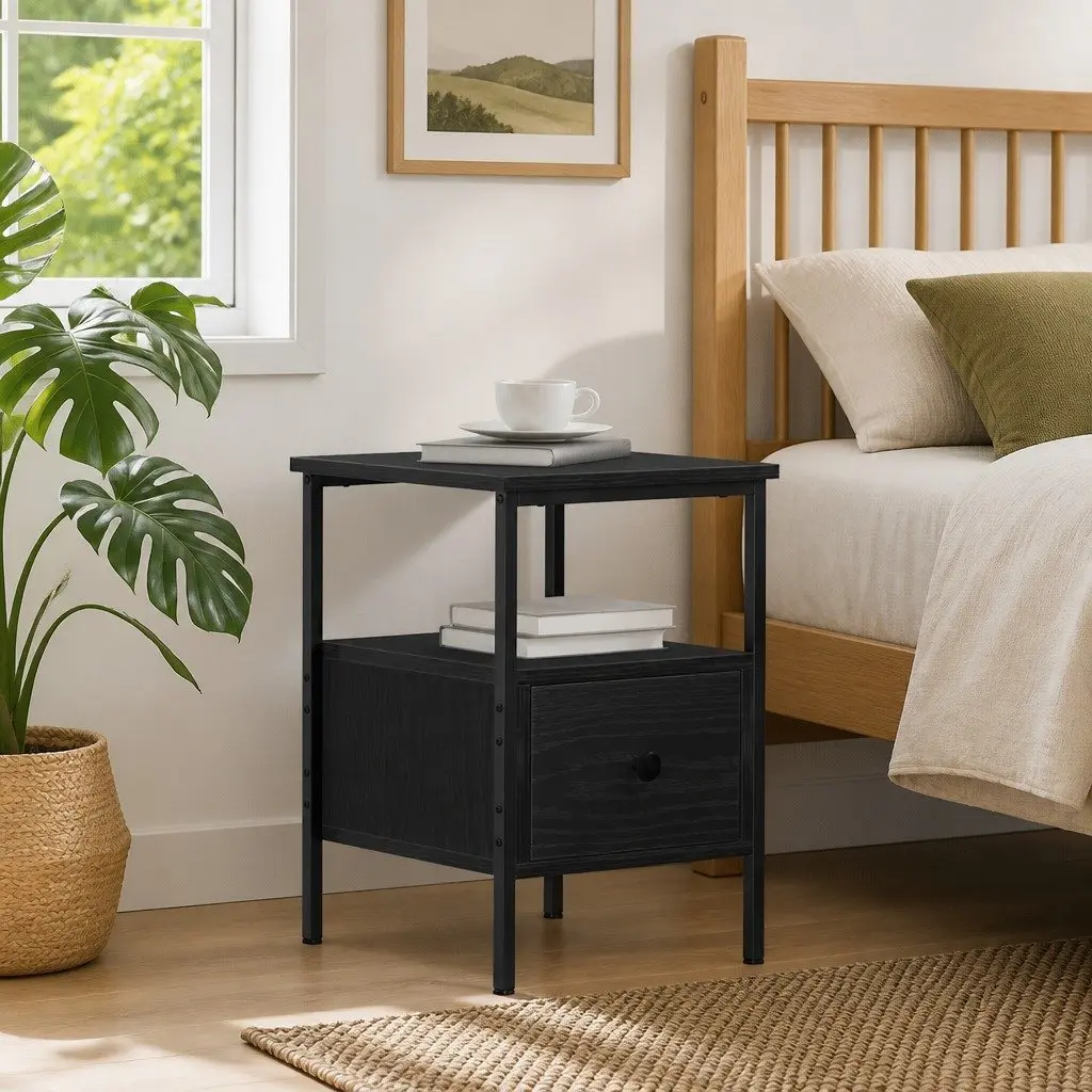 Bedside Cabinet Black 34x36x50cm Engineered Wood Rustic Storage Drawer Shelf
