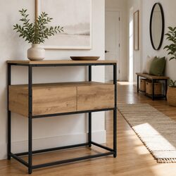 Warm Brown Console Table with Storage Shelves