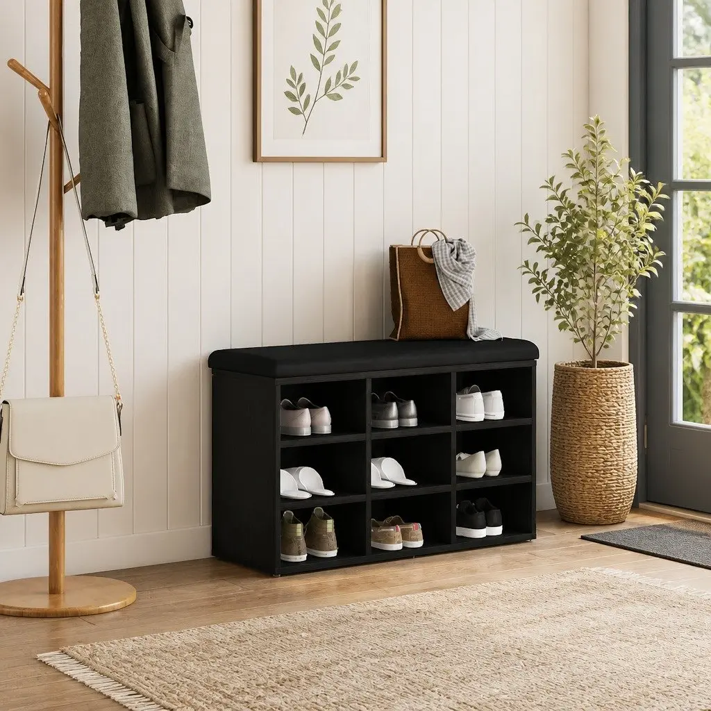 Black Modern Shoe Bench with Storage Shelf