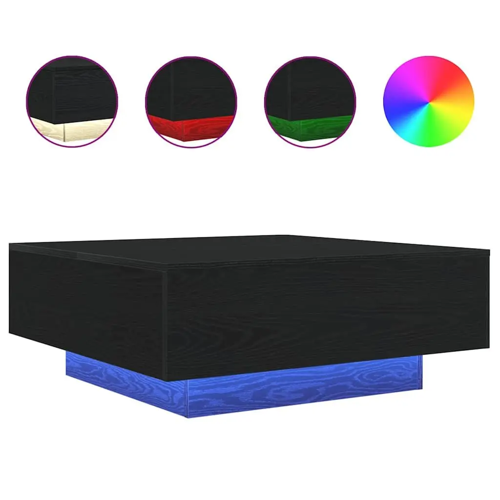 Coffee Table Black Oak 80x80x31cm LED Lights Modern Engineered Wood