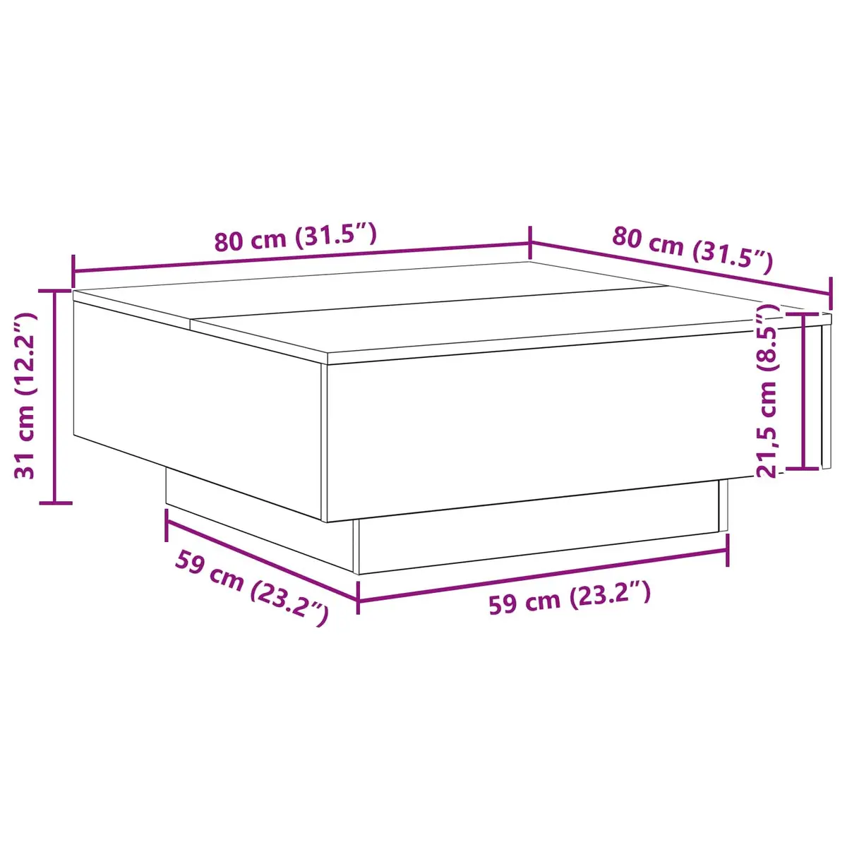 Coffee Table Black Oak 80x80x31cm LED Lights Modern Engineered Wood