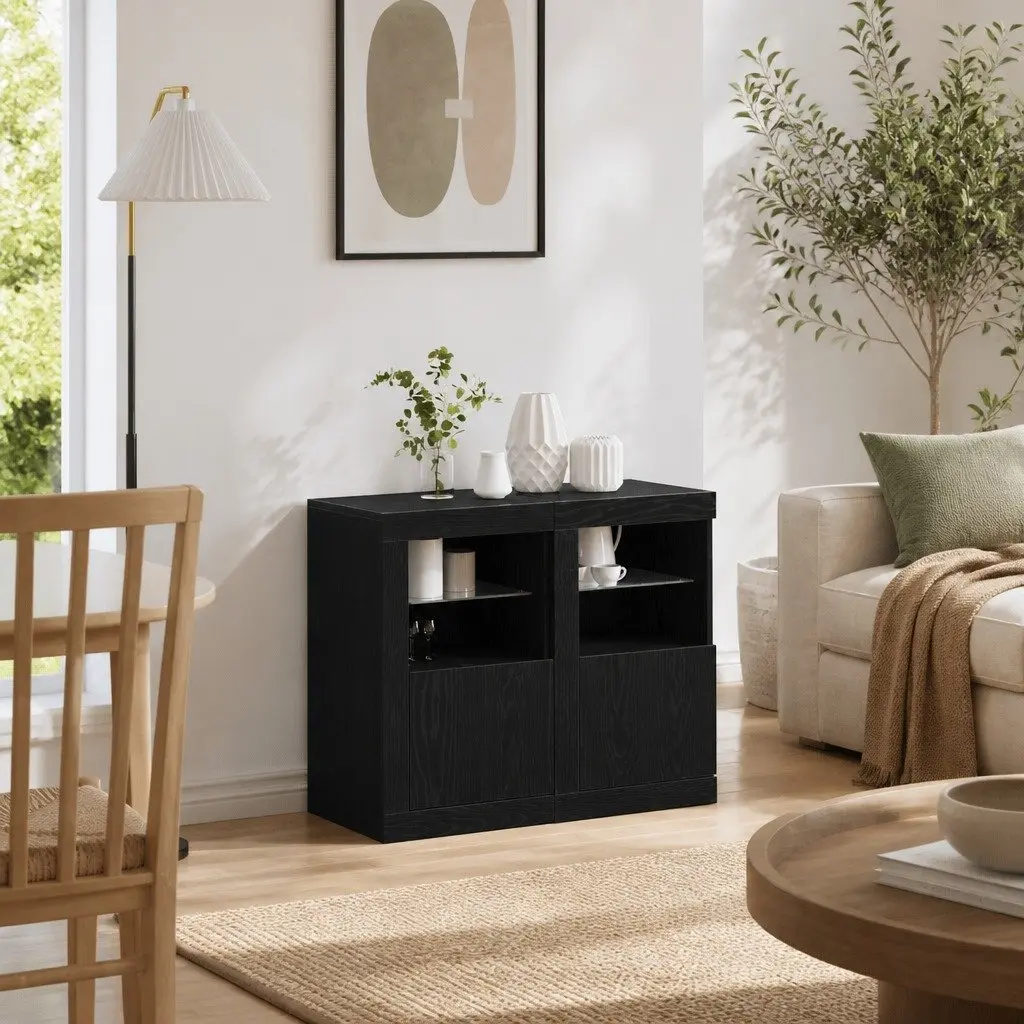 LED Sideboard Black Oak 2 pcs Engineered Wood with RGB Lights Storage Unit