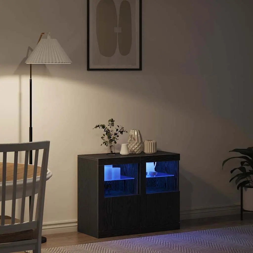 LED Sideboard Black Oak 2 pcs Engineered Wood with RGB Lights Storage Unit
