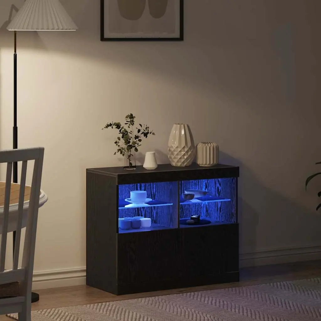 LED Sideboard Black Storage Cabinet with Sliding Doors