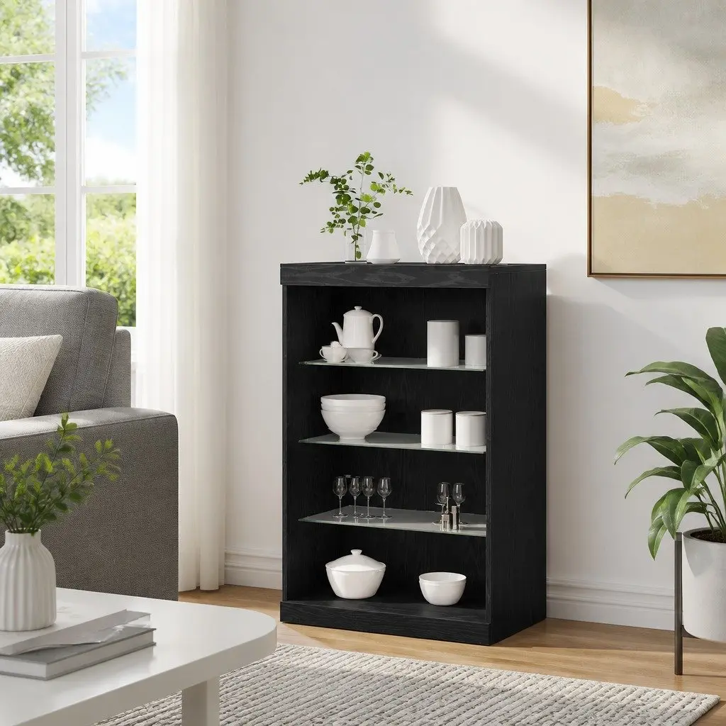 LED Sideboard Black Oak Modern Storage Cabinet with Glass Shelves 60.5 cm Engineered Wood