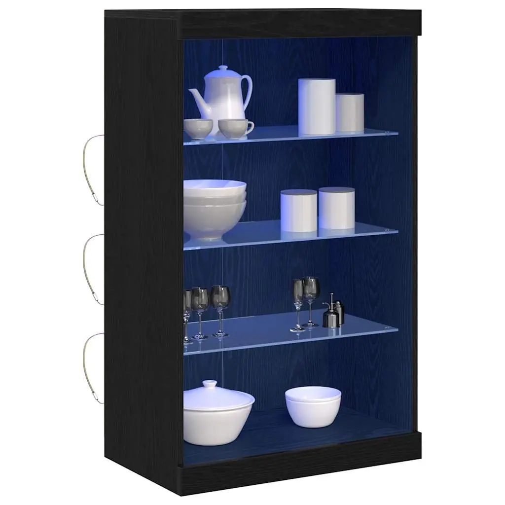 LED Sideboard Black Oak Modern Storage Cabinet with Glass Shelves 60.5 cm Engineered Wood