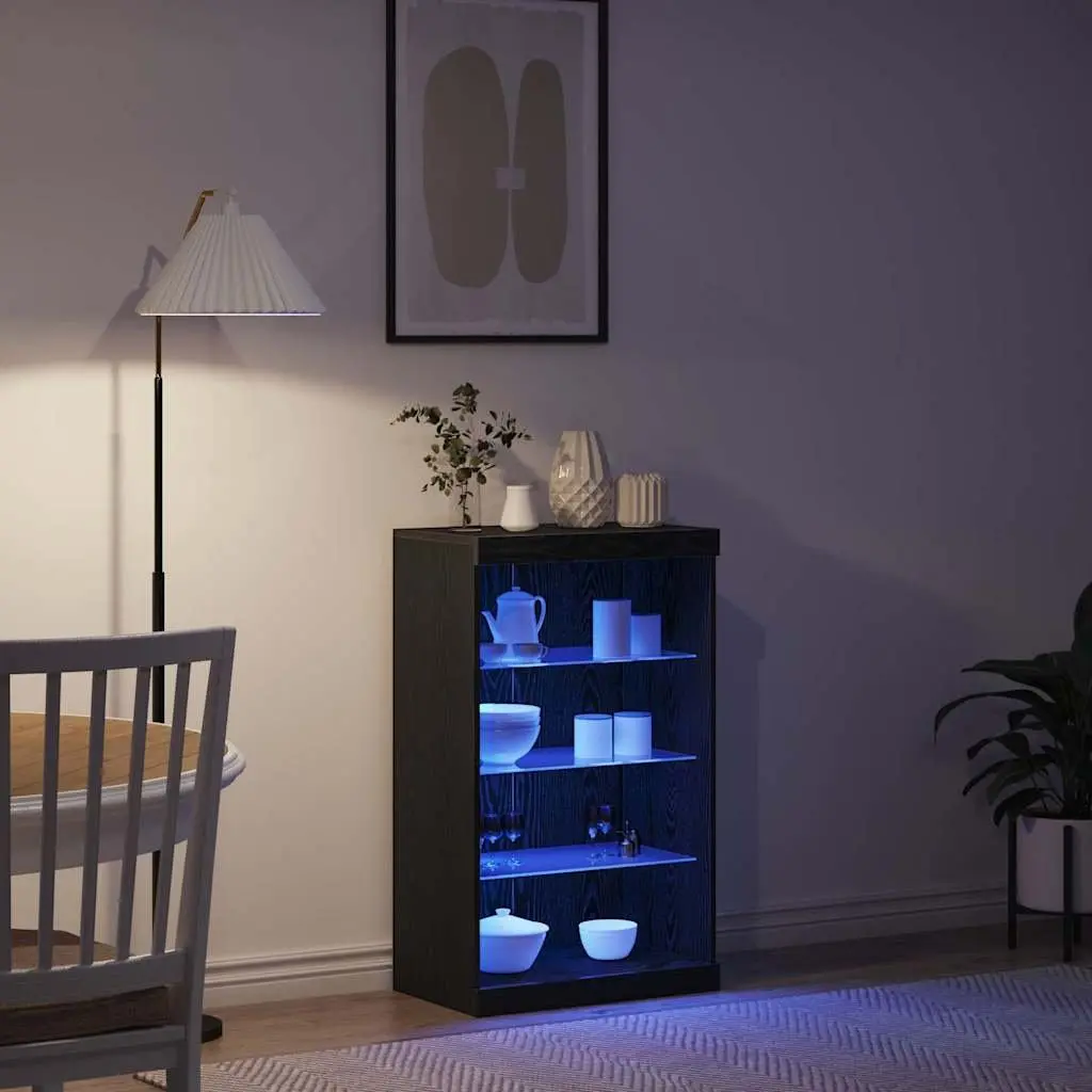 LED Sideboard Black Oak Modern Storage Cabinet with Glass Shelves 60.5 cm Engineered Wood