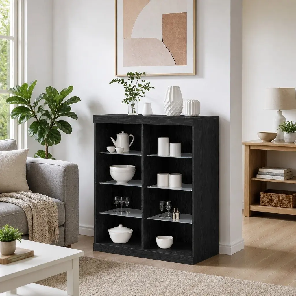 LED Sideboard Modern Black Oak 81x37x100cm Engineered Wood with Glass Shelves