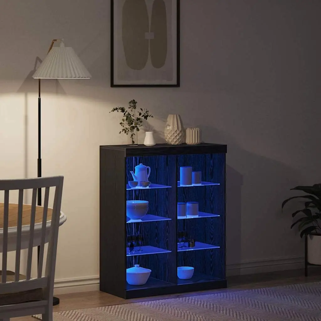 LED Sideboard Modern Black Oak 81x37x100cm Engineered Wood with Glass Shelves