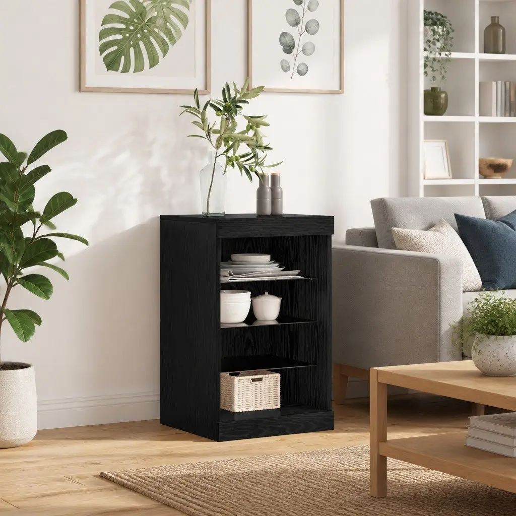 Black Oak LED Sideboard with RGB Lighting and Glass Shelves