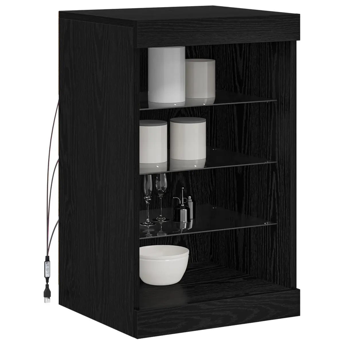 Black Oak LED Sideboard with RGB Lighting and Glass Shelves