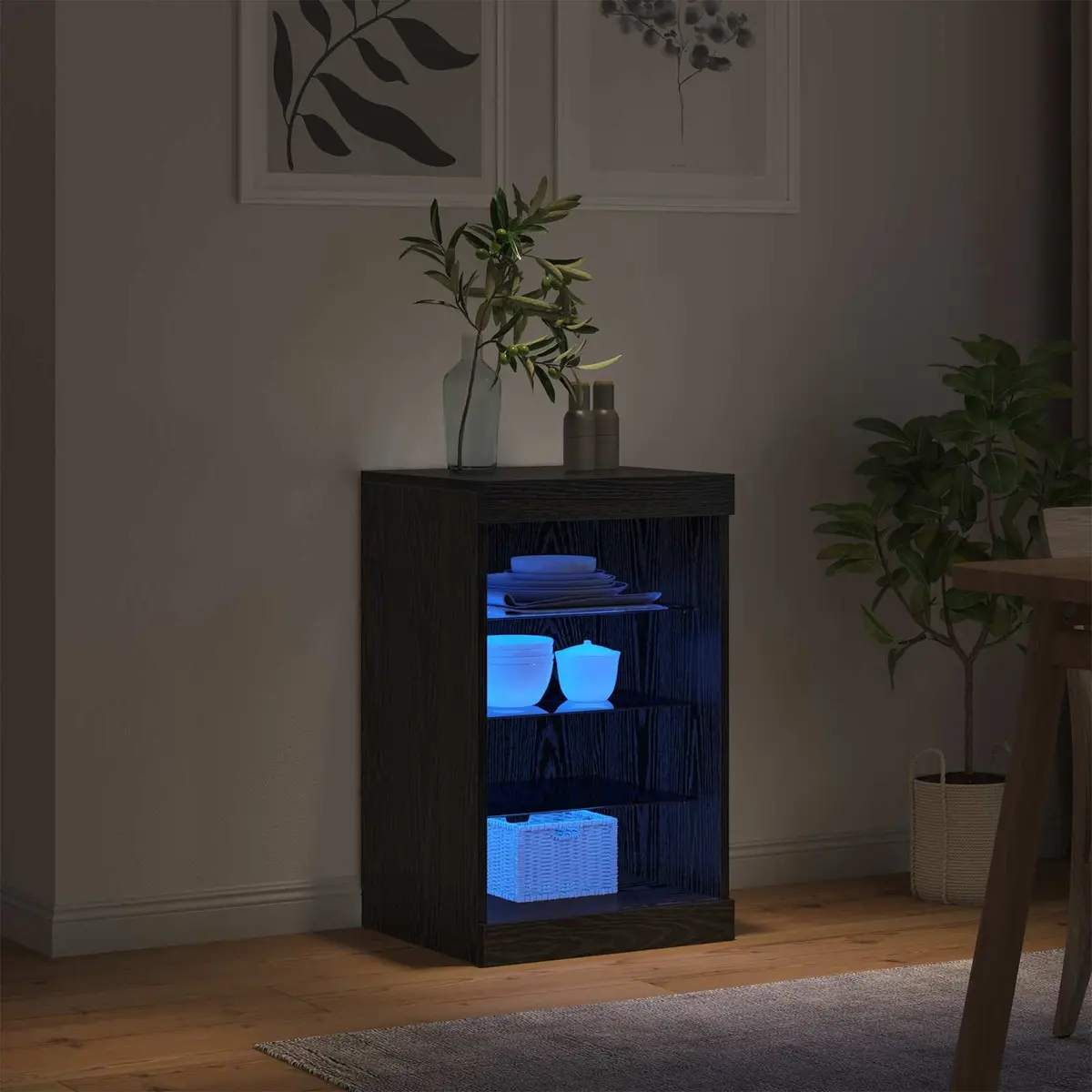 Black Oak LED Sideboard with RGB Lighting and Glass Shelves