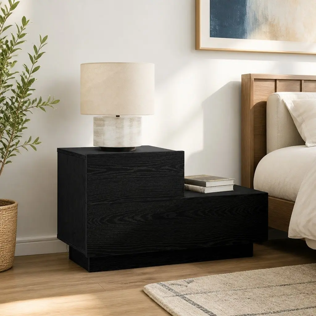 Bedside Table Black Oak 70cm Engineered Wood with LED Lights USB Charging Port