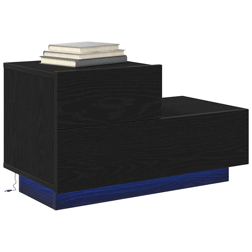 Bedside Table Black Oak 70cm Engineered Wood with LED Lights USB Charging Port