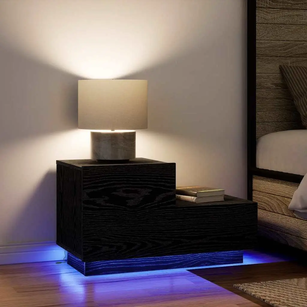 Bedside Table Black Oak 70cm Engineered Wood with LED Lights USB Charging Port