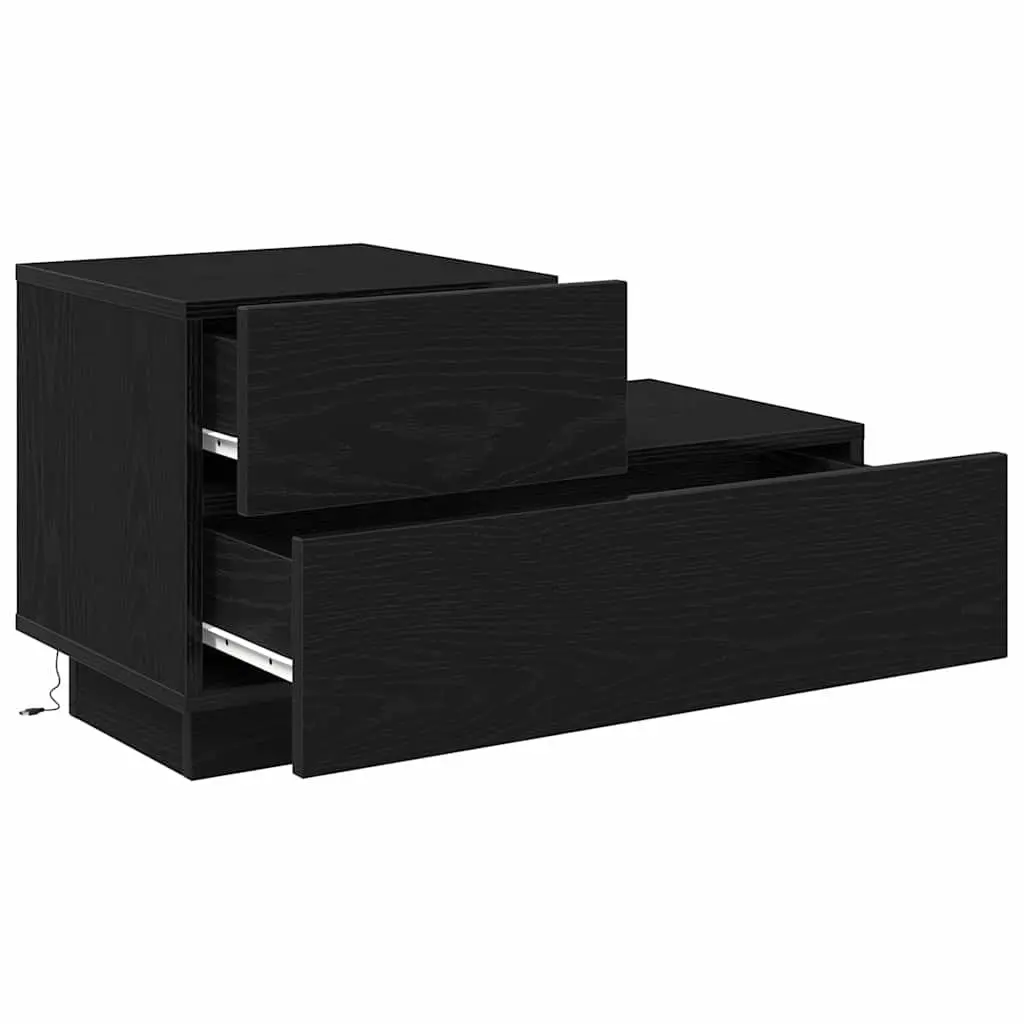 Bedside Table Black Oak 70cm Engineered Wood with LED Lights USB Charging Port