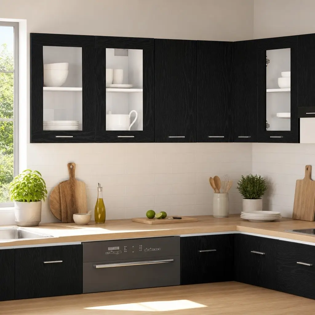Hanging Kitchen Cabinet Wall-Mounted Storage Black Oak Engineered Wood 30W x 31D x 60H cm