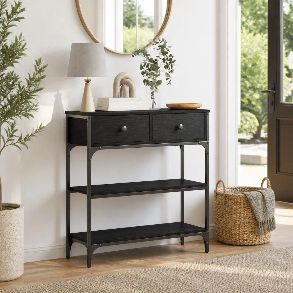 Industrial Style Console Table with Open Shelves