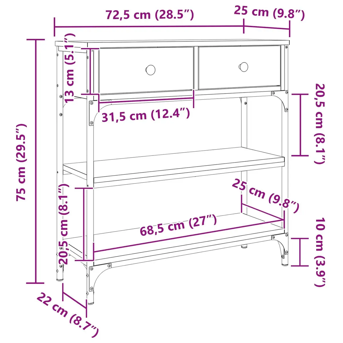 Industrial Console Table Black Engineered Wood Steel Frame 72.5x25x75cm