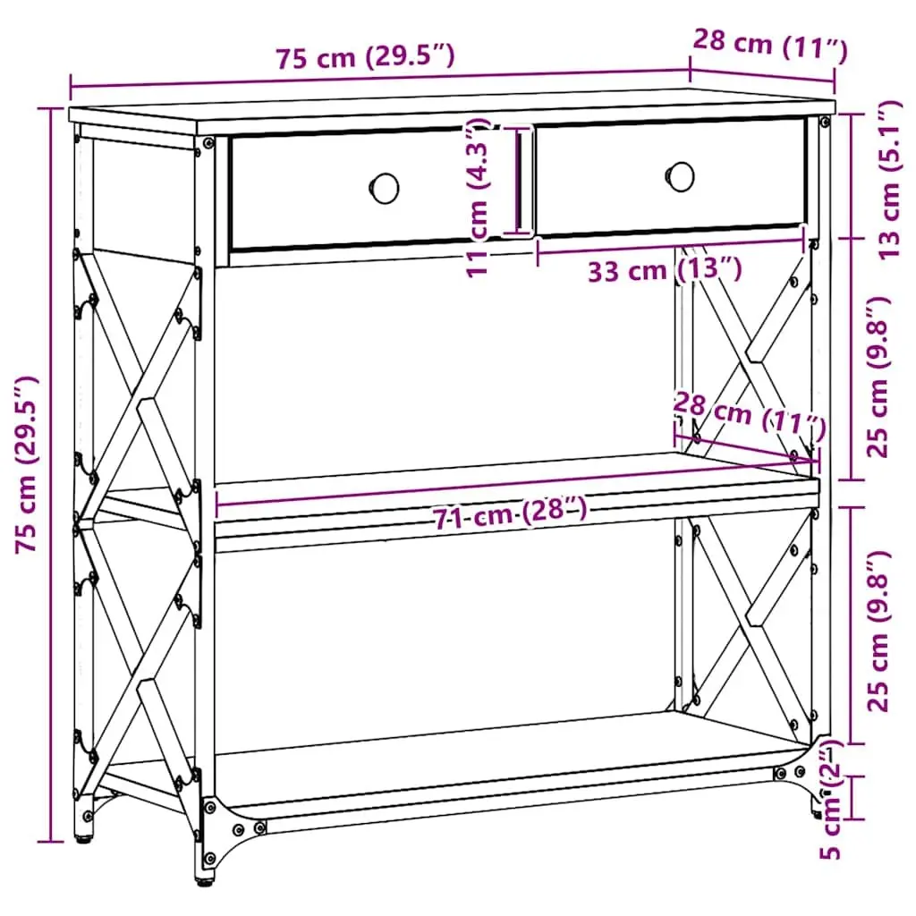 Rustic Wooden End Table Storage Accent Side Table 75 x 28 x 75 cm Wood and Metal
