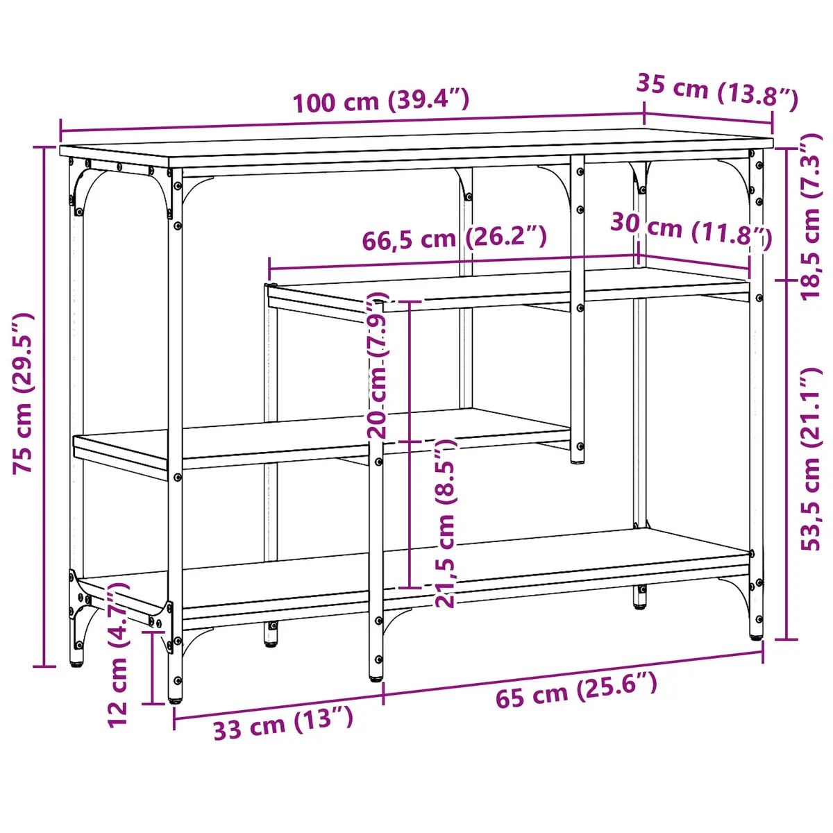 Console Table Industrial Black 100x35x75cm Engineered Wood and Metal Frame