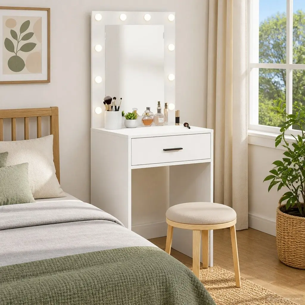 White Dressing Table with Mirror and LED Lights