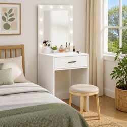 Elegant White Dressing Table with Mirror and LED Lights