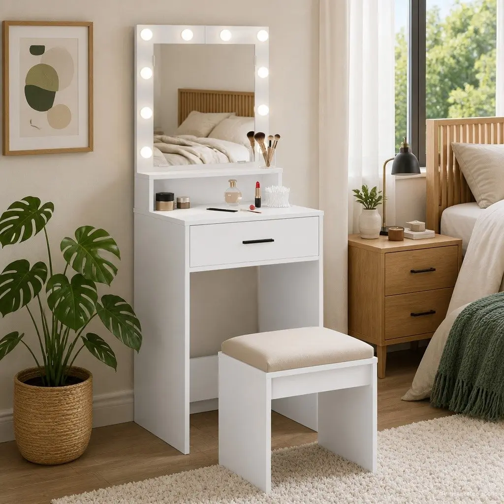 White Bedroom Vanity Table with LED Mirror and Storage