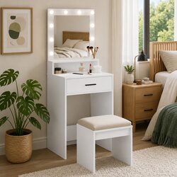 White Bedroom Vanity Table with LED Mirror and Storage
