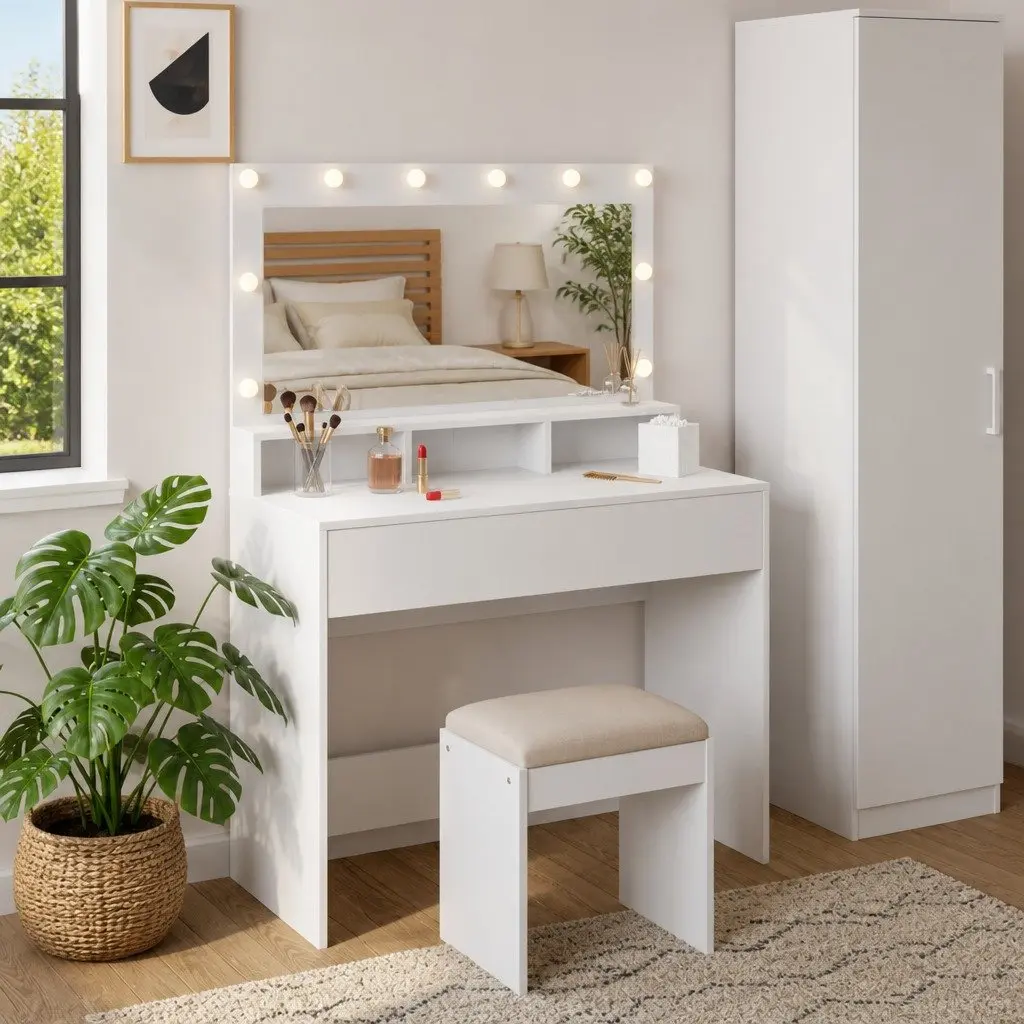 White Dressing Table with Mirror and LED Lights