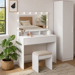 Modern White Dressing Table with Mirror and LED Lights