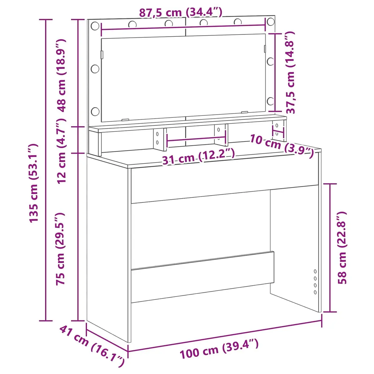 White Dressing Table with Mirror and LED Lights