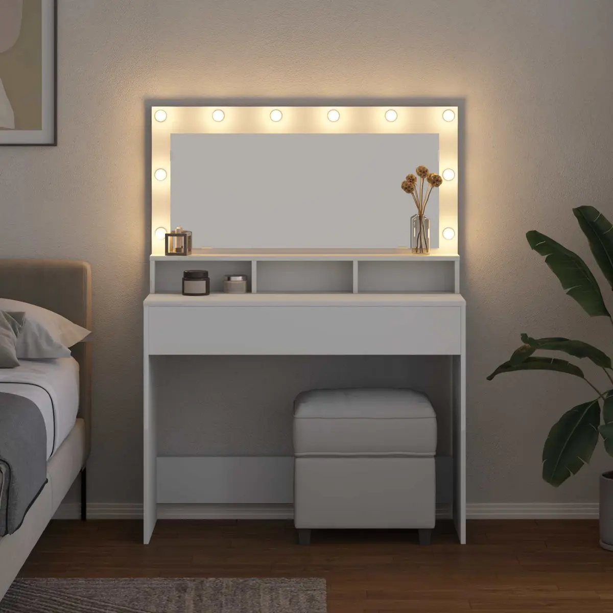 White Dressing Table with Mirror and LED Lights