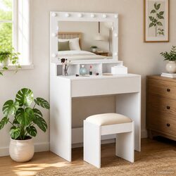 White Dressing Table with LED Mirror and Storage 78.5 x 41 x 135 cm