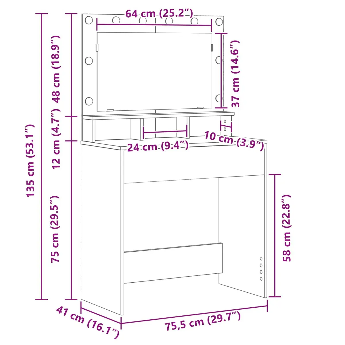 Dressing Table White 78.5 x 41 x 135 cm Engineered Wood Modern Vanity with Integrated Mirror and LED Lights