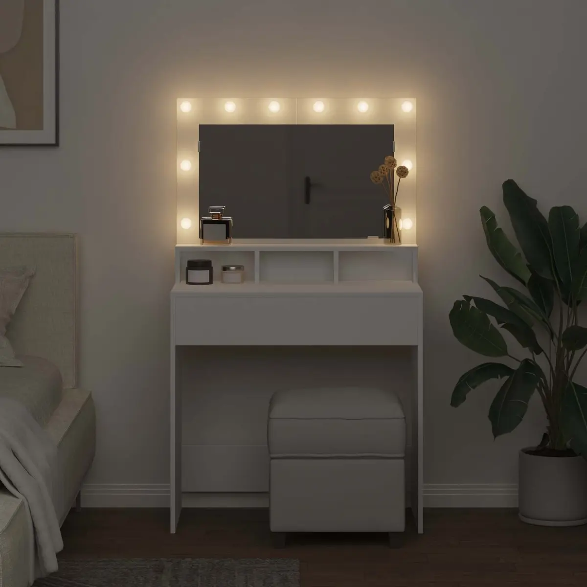 Dressing Table White 78.5 x 41 x 135 cm Engineered Wood Modern Vanity with Integrated Mirror and LED Lights
