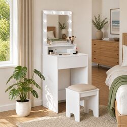 White Dressing Table with Mirror and LED Lights