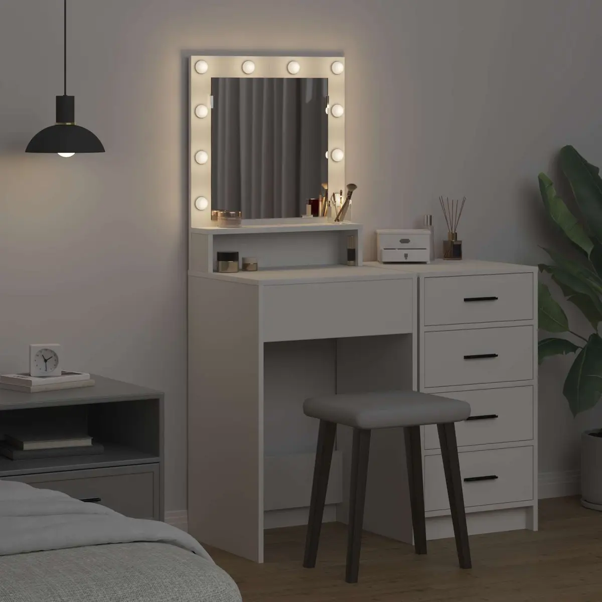 White Dressing Table with Mirror and LED Lights