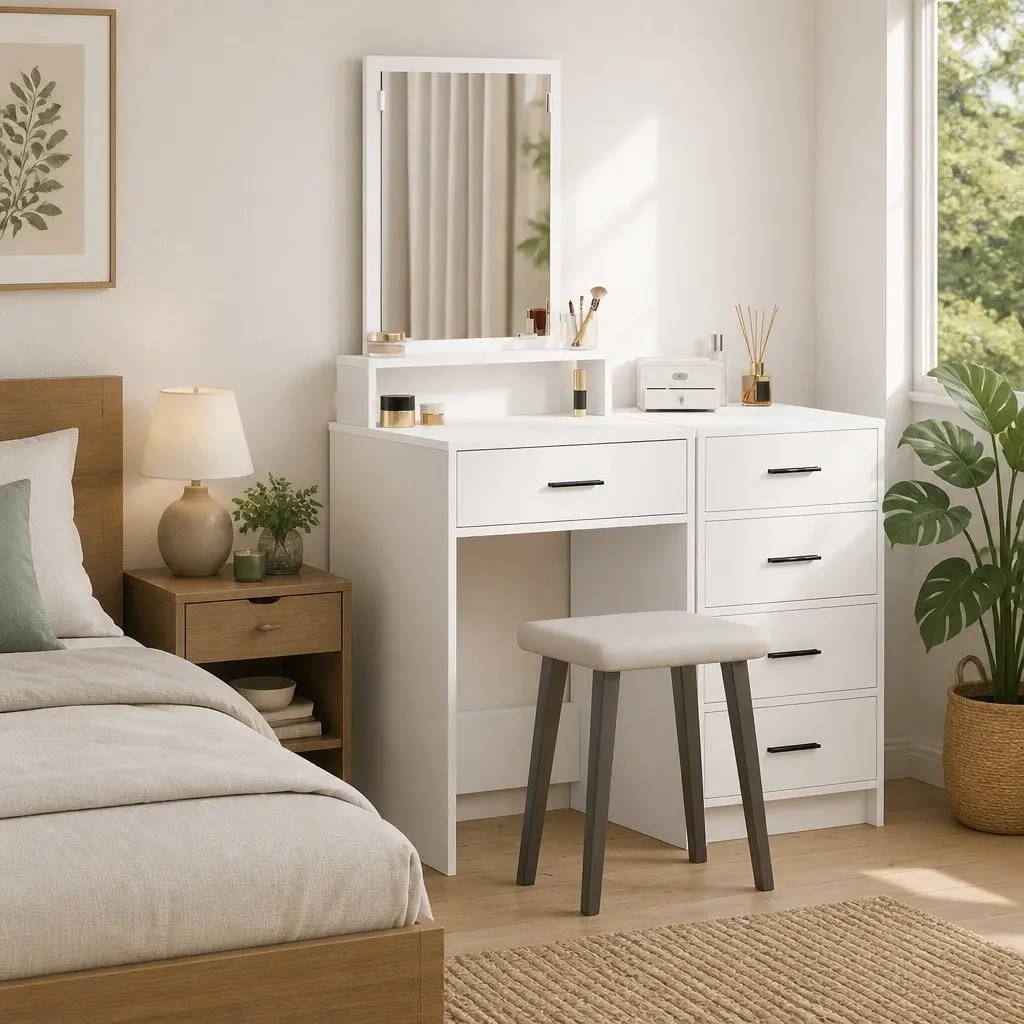 Dressing Table White Modern Vanity Unit with Mirror and Drawers Engineered Wood Matte