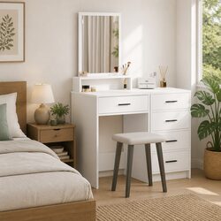 Elegant White Dressing Table with Mirror and Storage Drawers