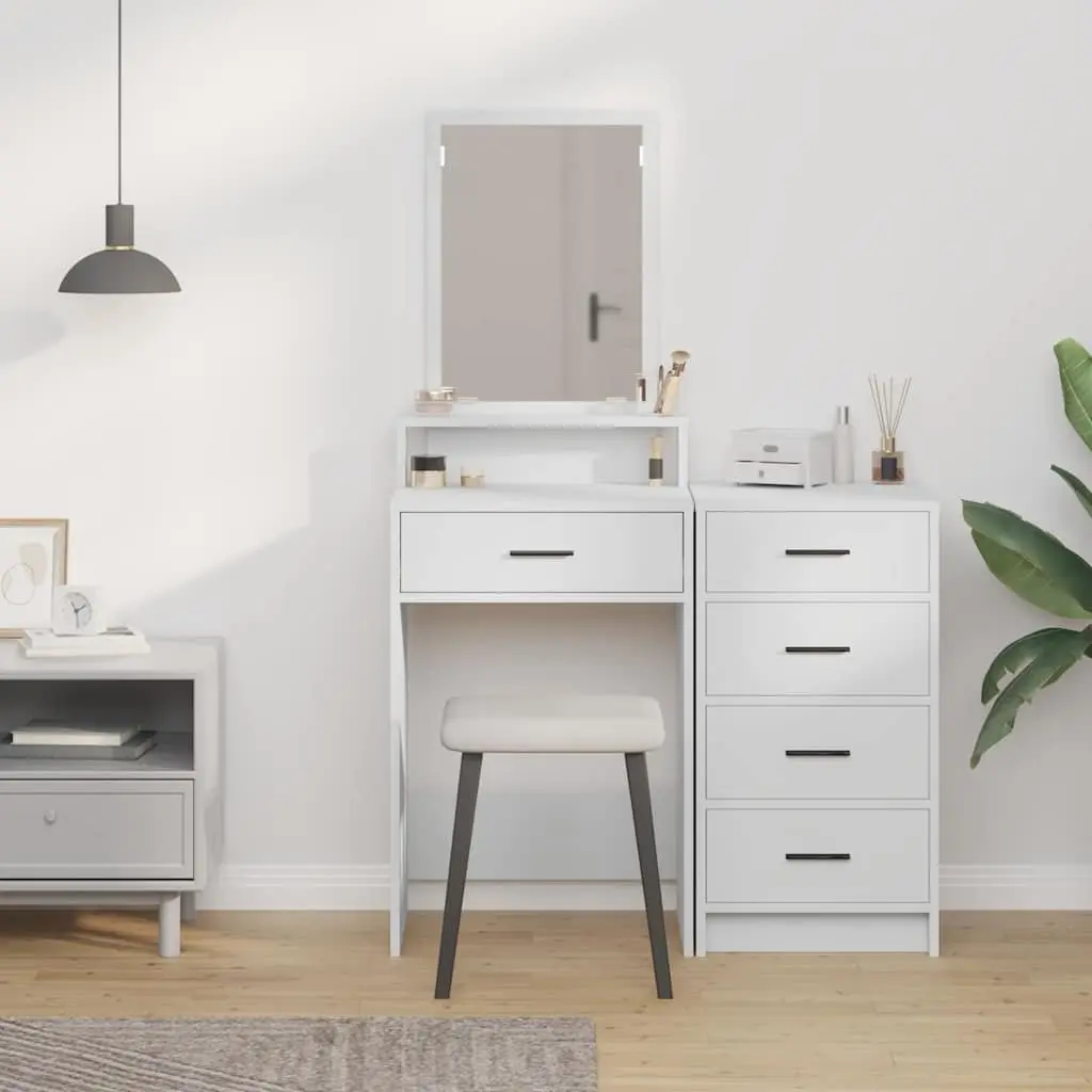 Dressing Table White Modern Vanity Unit with Mirror and Drawers Engineered Wood Matte